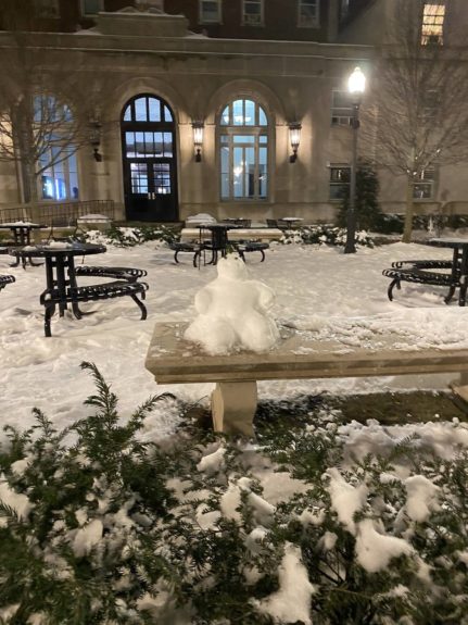 photo of a snowman on campus