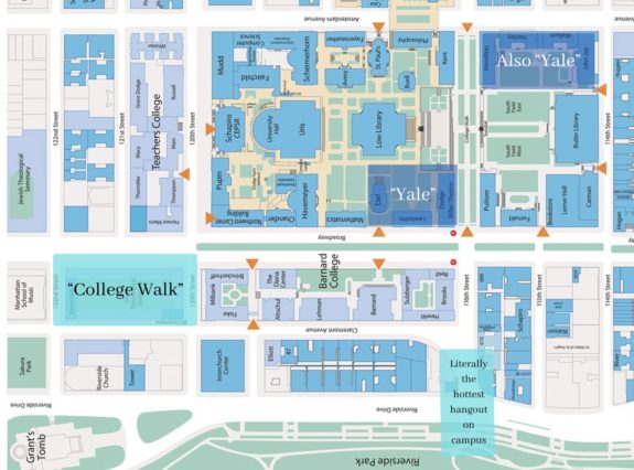 Map of Columbia's campus as it appears on the show Gossip Girl. The area surrounding Dodge Hall and the area from Hamilton to John Jay are both marked as "Yale." Union Theological Seminary is marked as "College Walk," and the corner of 116th St. and Riverside Dr. is marked as "Literally the hottest hangout on campus." 