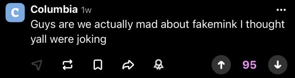 Sidechat post with 95 upvotes reading "Guys are we actually mad about fakemink I thought yall were joking"