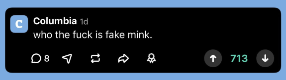 Sidechat post with 8 comments and 713 upvotes reading: "who the fuck is fake mink."